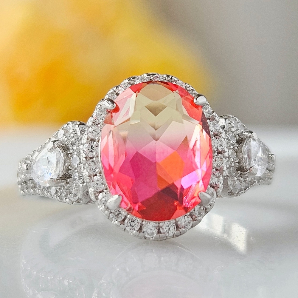 Oval Pink and Peach Tourmarine Ring, 925 Sterling Silver Charmed Aroma